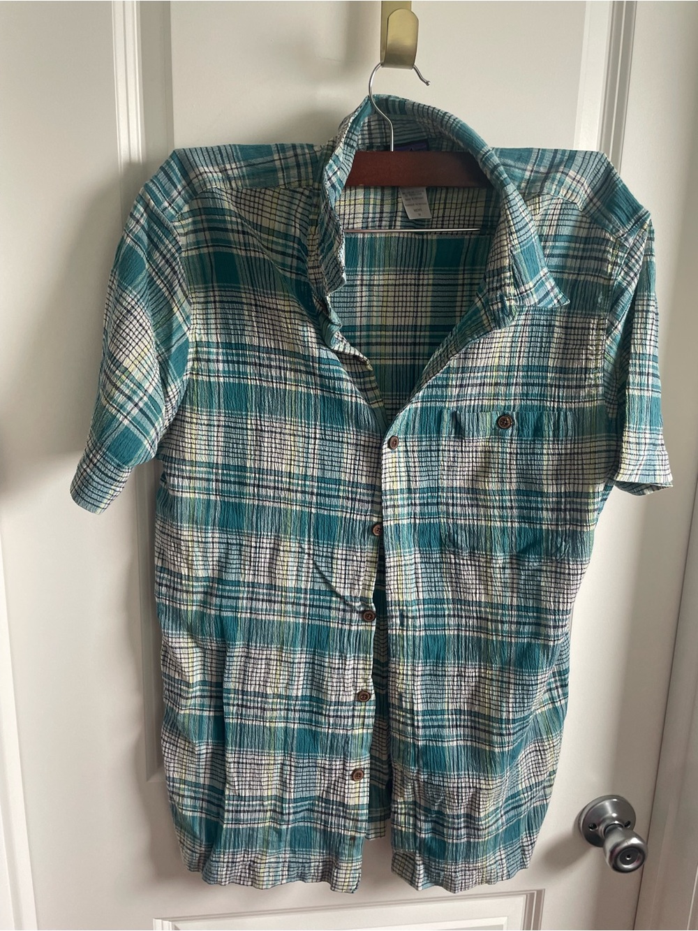 Patagonia Teal and White Plaid Short-Sleeve Button-Down Shirt